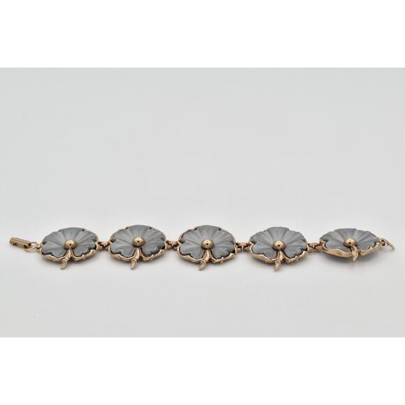 Vintage 7.5" Flower Bracelet Linked Chain Matte Gray Chunky Gold Tone 1960s BinO - Picture 10 of 12